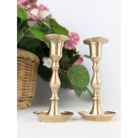 Pair of Vintage Slim Brass Candlestick Holders 4" Brass Candle Holders Set 1970s - Picture 3 of 9
